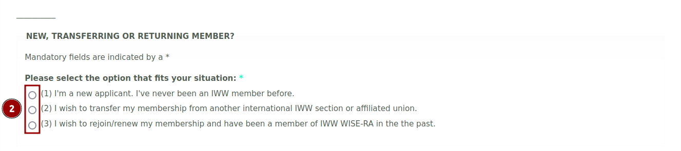 Join IWW Form, NEW, TRANSFERRING OR RETURNING MEMBER? section 