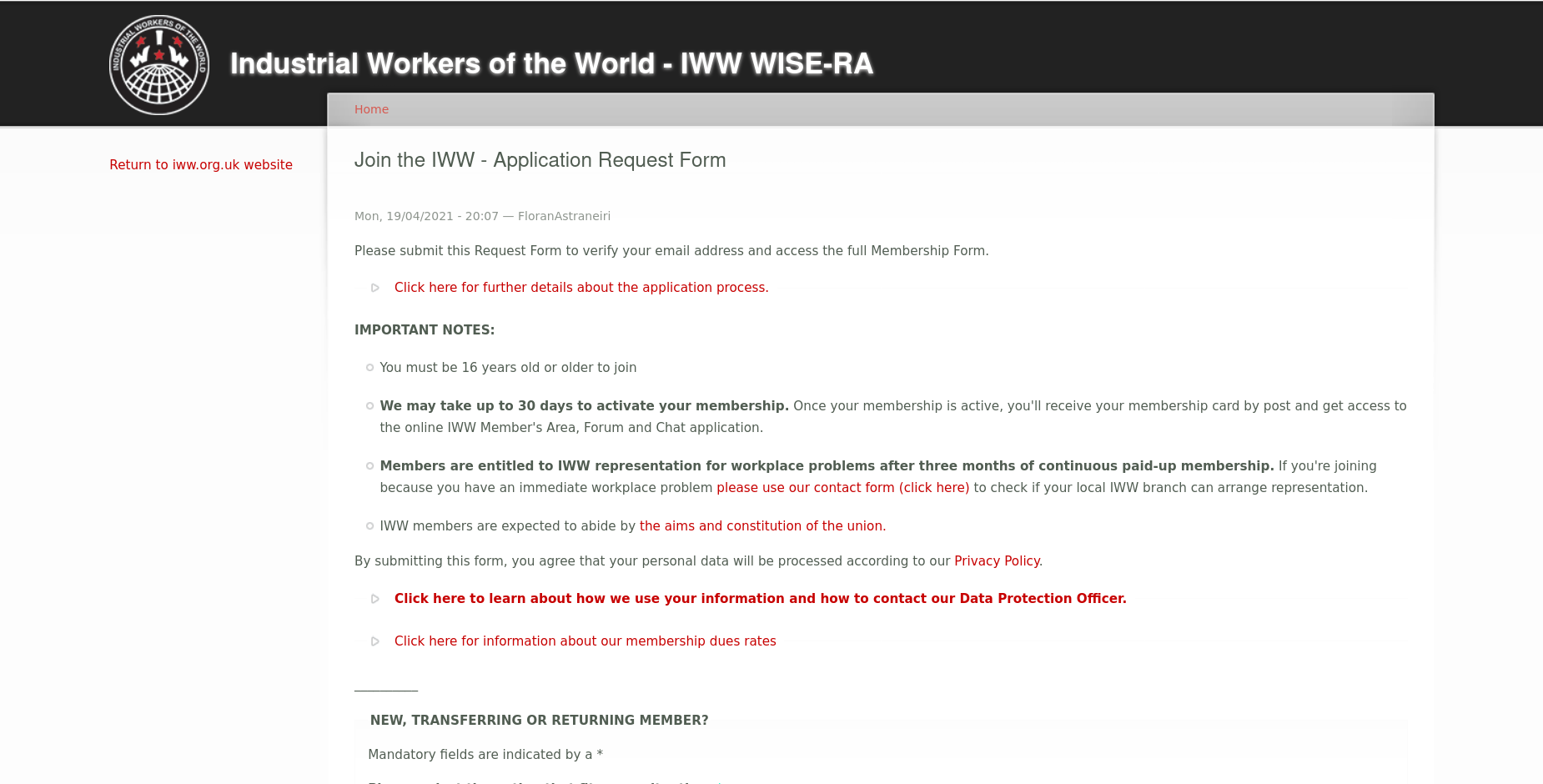 The IWW (WISERA) Application Request Form